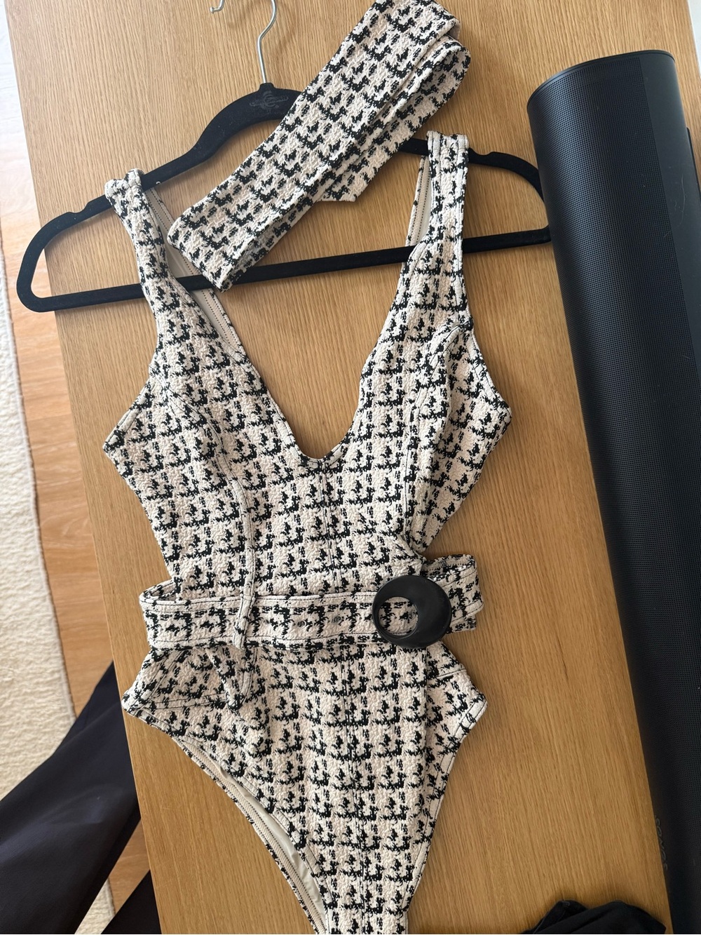 DEVON WINDSOR Black and Cream Tweed One-Piece Swimsuit with Belt